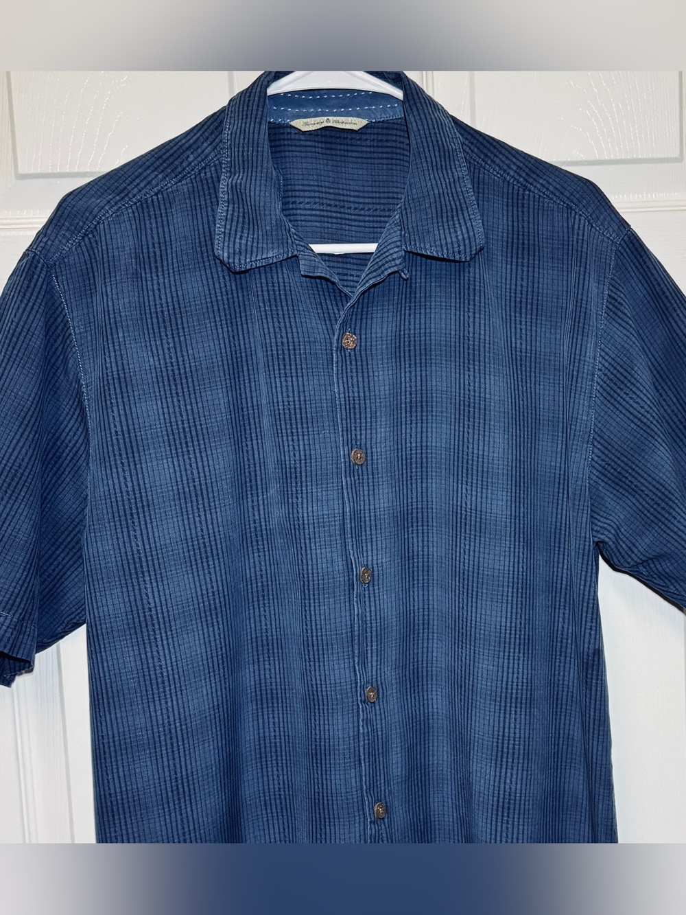 Tommy Bahama Men's Navy Blue Camp Silk Short Sleeve Button-Up Shirt Textured M